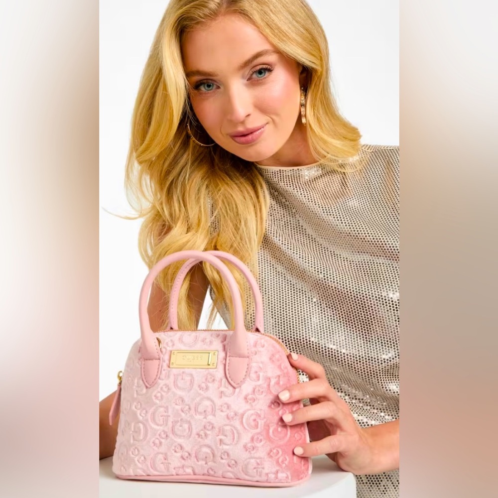 Guess Light Pink Velvet Touch Mini Handbag with Gold Accents